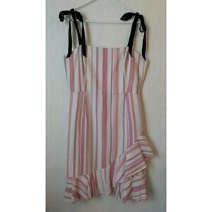 Donna Morgan Striped Sheath Dress 14 Sleeveless Ruffles Pink White Linen Zip Up